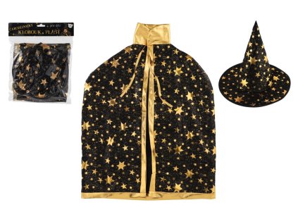 Klobouk čarodějnický + plášť pro děti průměr 38cm černo-zlatý v sáčku karneval