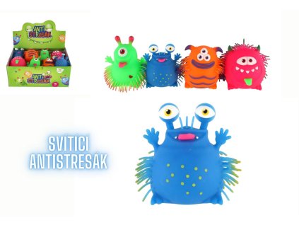 Míček příšerka antistresový mačkací silikon 11cm na baterie se světlem 4 druhy v sáčku 16ks v boxu