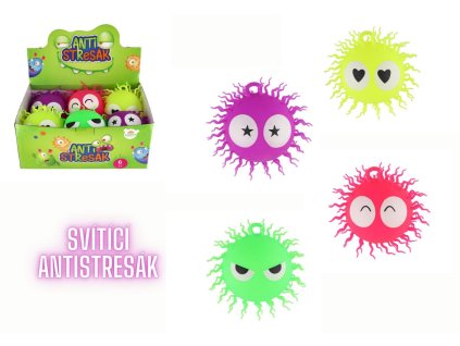 Míč chlupatý antistresový mačkací silikon 14cm na baterie se světlem 4 barvy v sáčku 6ks v boxu