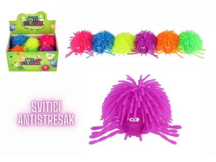 Míček pavouk antistresový mačkací silikon 10cm na baterie se světlem 6 barev v sáčku 16ks v boxu