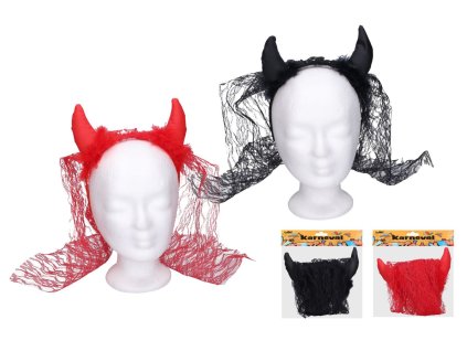 Rohy čertovské  se závojem čelenka látka/plast 2 barvy v sáčku 22x25cm karneval