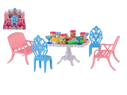 Nábytek pro panenky/stůl a židle plast 4 barvy v blistru 14x11x16cm