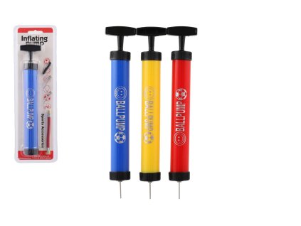 Pumpička na míče ruční plast 28cm s kovovými hroty 3 barvy na kartě 11x36x5cm