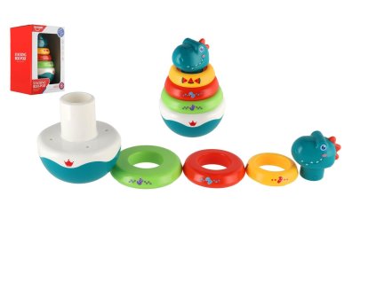 Roly Poly dinosaurus plast 16cm skládanka pyramida s kroužky se zvukem v krabičce 13x20cm 6m+