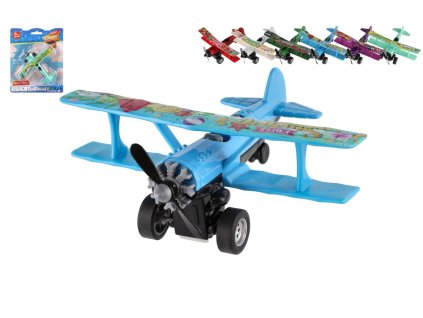 Letadlo dvouplošník kov/plast 10x11cm na zpětné natažení  mix barev na kartě