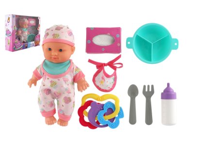 Panenka miminko 22cm pevné tělo plast s doplňky v krabici 30x24x8cm