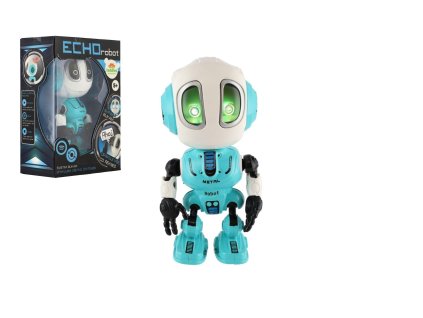 Robot ECHO opakující věty kovový 12cm modrý na baterie se zvukem se světlem v krabičce 10,5x15x5,5cm