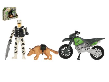 Vojenská sada plast motorka, voják, pes s doplňky v krabici 23x14x4cm