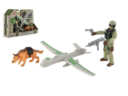 Vojenská sada plast dron, voják, pes s doplňky v krabici 23x14x4cm