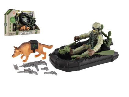 Vojenská sada plast člun, voják, pes s doplňky v krabici 23x14x4cm