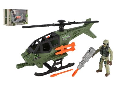 Vojenská sada helikoptéra/vrtulník+voják s doplňky plast v krabici 27x18x12cm