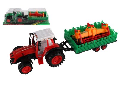 Traktor s vlekem s kombajnovým válcem plast 46cm na setrvačník  2 barvy v blistru