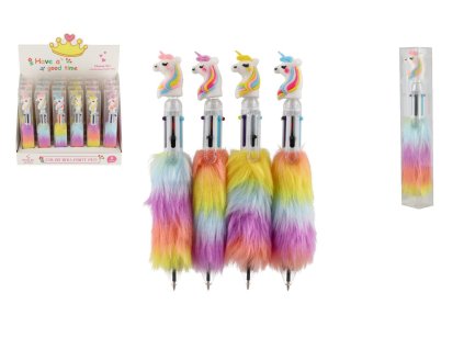 Propiska/pero jednorožec plyšová 6 barev plast 16cm 4 barvy v plastové krabičce 24ks v boxu