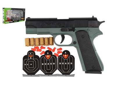 Pistole na pěnové náboje plast 19cm + terče 3ks, náboje 6ks v krabici 34x18x4,5cm