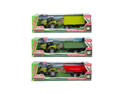 Traktor s vlekem plast 24cm na volný chod na baterie se světlem, zvukem 3 druhy v krabici 29x9cm