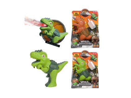 Dinosaurus pistole plast 13x16cm vypouštějící páru na baterie se světlem, zvukem 2 barvy v krabičce