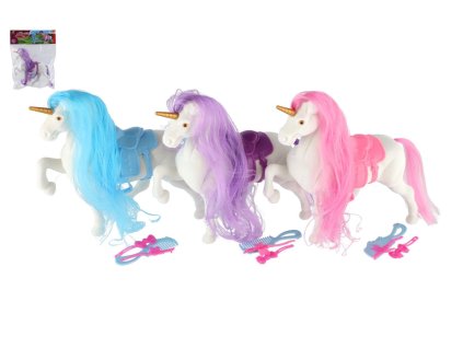 Jednorožec/kůň česací plast se sedlem s doplňky 3 barvy v sáčku 21x25x6cm