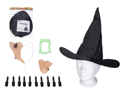 Sada čarodějnice plast nos, brada, prsty, klobouk, zuby v sáčku 22x28cm karneval