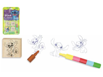 Razítka 3+1 s poduškou dřevěná 4,5x4,5cm s voskovkou Lilo & Stitch na kartě 17x28cm