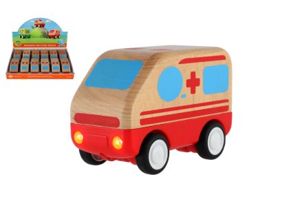 Auto ambulance dřevo 11cm na setrvačník na baterie se světlem, zvukem 12ks v boxu 18m+