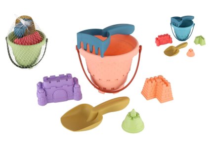Sada na písek plast kbelík, lopatka, hrabičky, 3 formičky  3 barvy v síťce