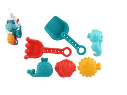 Sada na písek plast lopatka,hrabičky,formičky 4ks v síťce 10x16cm 18m+