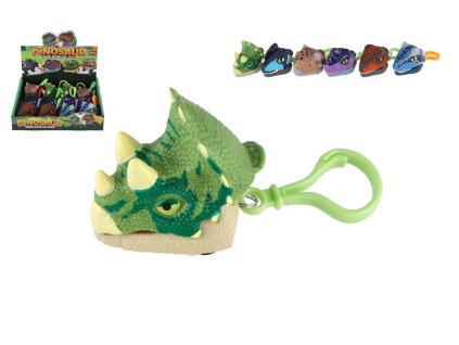 Přívěsek na klíče hlava dinosaurus kousací plast 6cm na setrvačník 6 druhů 12ks v boxu