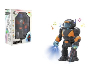 Robot chodící plast 22cm na baterie se světlem se zvukem v krabici 18x24,5x9cm