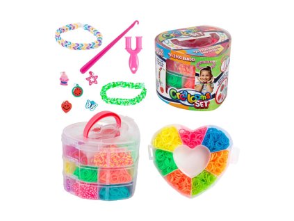 Udělej si svůj náramek - gumičky 2700ks + náčiní v plastové krabičce tvar srdce 16x13cm
