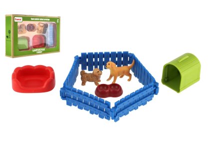 Pejskové/Pes 2ks s plotem plast s doplňky v krabici 23x14,5x4,5cm