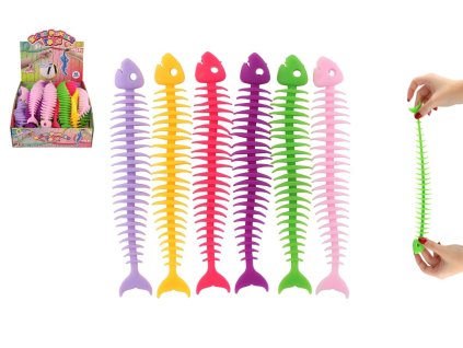 Hračka antistresová rybí kostra natahovací silikon 25cm 5 druhů 40ks v boxu