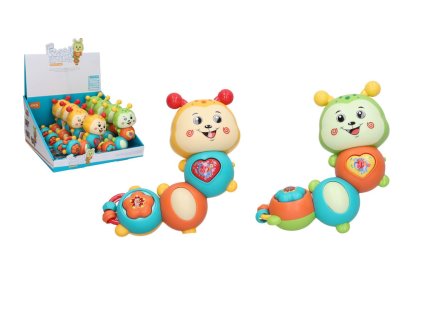 Chrastítko housenka s efekty plast 14cm na baterie se zvukem 2 barvy 8ks v boxu