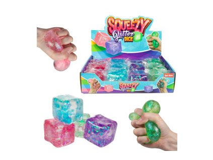 Kostka antistresová mačkací sliz třpytivá 6x6cm 4 barvy v sáčku 12ks v boxu