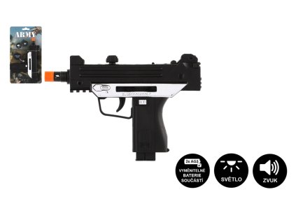 Pistole samopal plast  ARMY 17,5cm na baterie se zvukem se světlem černá na kartě