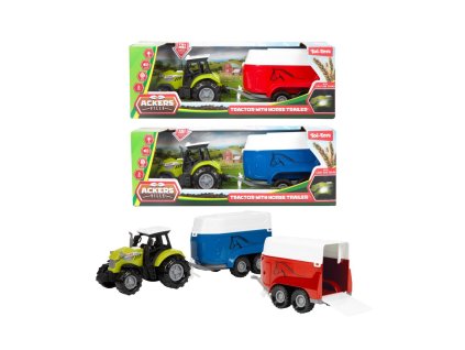 Traktor s přepravníkem na koně plast 24cm na volný chod na baterie se světlem, zvukem 2 barvy v krab