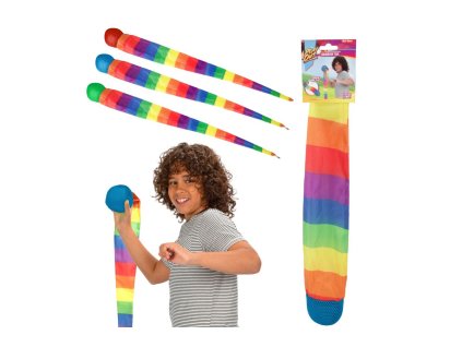 Míček měkký s dlouhým ocáskem látka 100cm duhový na kartě