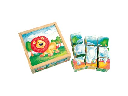 Bino Dřevěné hračky obrázkové  kostky divoká zvířata 9 dílů