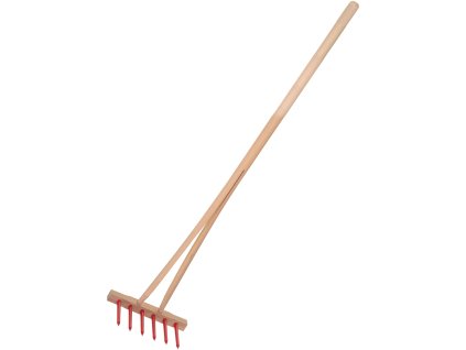 DŘEVO Hrábě dětské nářadí dřevěné červené s násadou 90cm s 6 kolíky plast