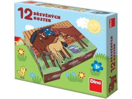 DINO DŘEVO Kubus Domácí zvířátka obrázkové kostky set 12ks