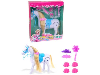 Kůň česací chodící set s kadeřnickými doplňky s hudbou na baterie plast