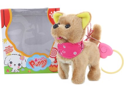 PLYŠ Pejsek se šátkem hnědý 16cm na kabel na baterie štěká chodí Zvuk