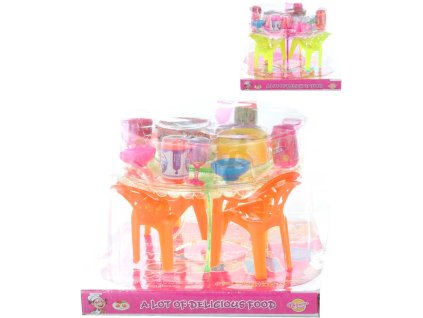 Stoleček jídelní plastový set s nádobím a potravinami do domečku 2 druhy