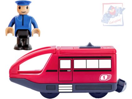 WOODY DŘEVO Vlaková sada mašinka moderní elektrická červená + strojvedoucí