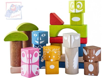 WOODY DŘEVO Baby kostky barevné s potiskem set 26ks STAVEBNICE