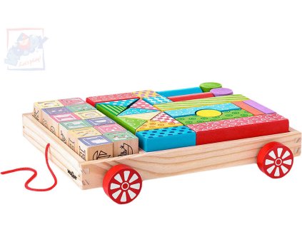 WOODY DŘEVO Vozík tahací stavebnice s kostkami a razítky set 35ks
