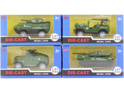 Auto army vojenské kovové 1:87 tank 4 druhy v krabici