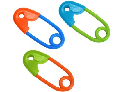 Chrastítko barevný špendlík 12cm pro miminko 1ks v sáčku 3 barvy plast