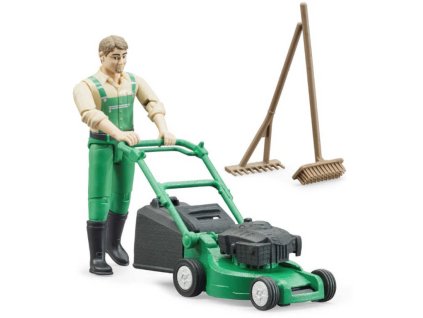 BRUDER 62103 Herní set figurka zahradník + sekačka na trávu se 2 nástroji
