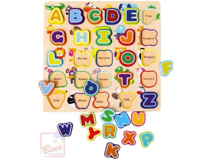 BINO DŘEVO Baby abeceda anglická se zvířátky vkládací písmenka na desce