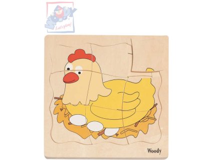 WOODY DŘEVO Puzzle naučné vývoj slepice 4 vrstvy 4 obrázky 4v1 na desce